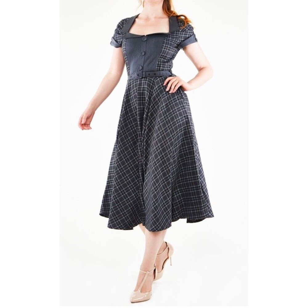 Voodoo Vixen Ella Tartan Flared Dress Gray Plaid dress 50s inspired Sz S No belt